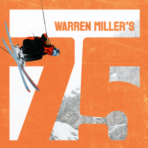 Warren Miller Film graphic with "Warren Miller's" text on top of "75" image and skier with Red Bull helmet.