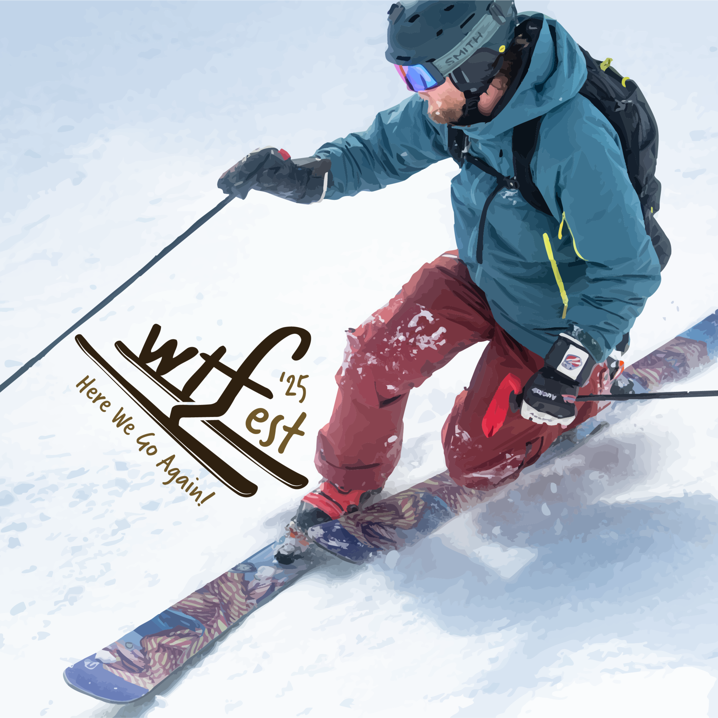 Telemark skier making telemark turn with Wenatchee Telemark Festival logo