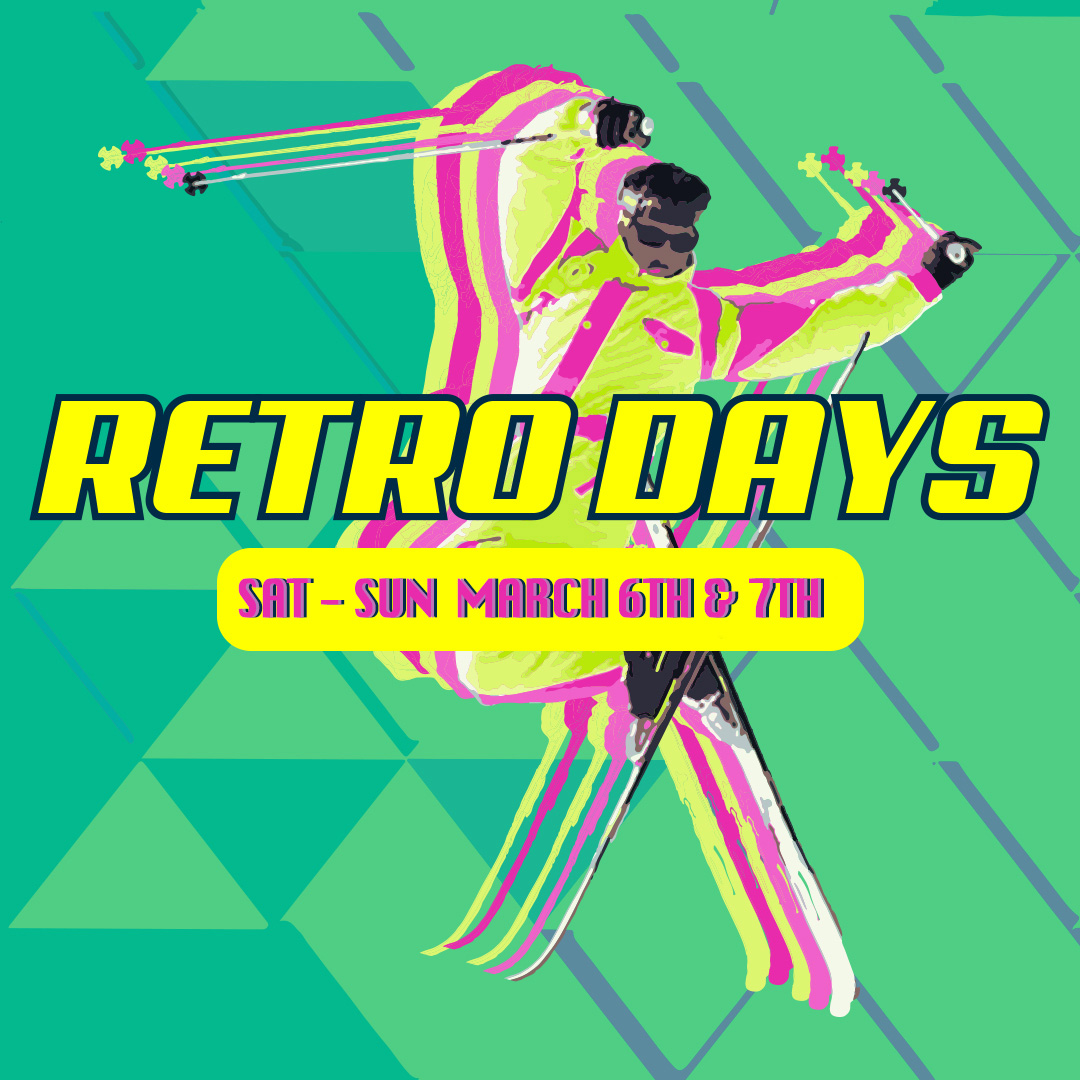 Retro Days poster with a skier from the 90s in bright colors jumping.