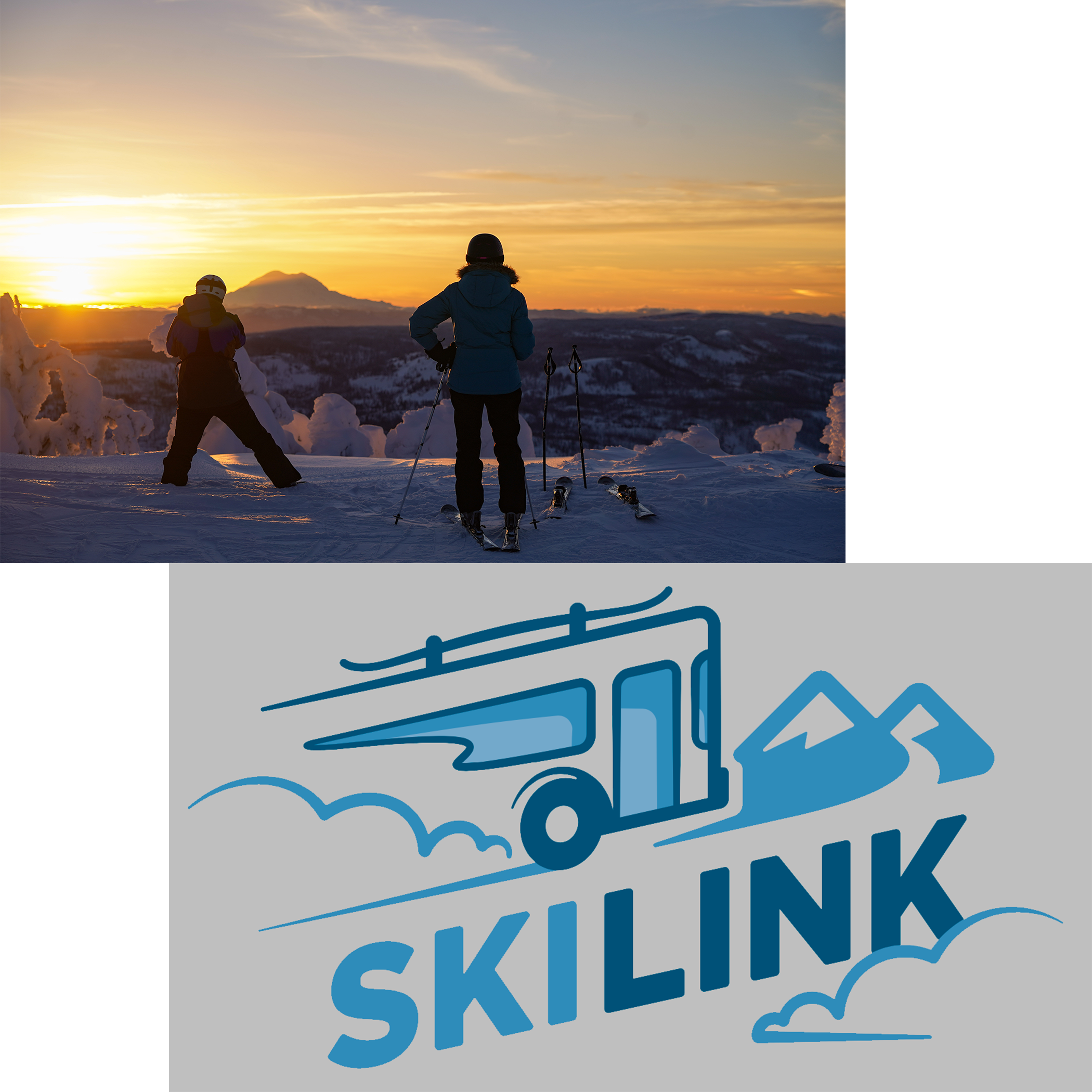 Collage of two images, with the top one showing 2 skiers watching a sunset at Mission Ridge, and the bottom one showing the logo of the Ski Link bus service – a blue cartoon image of a bus going up a hill.