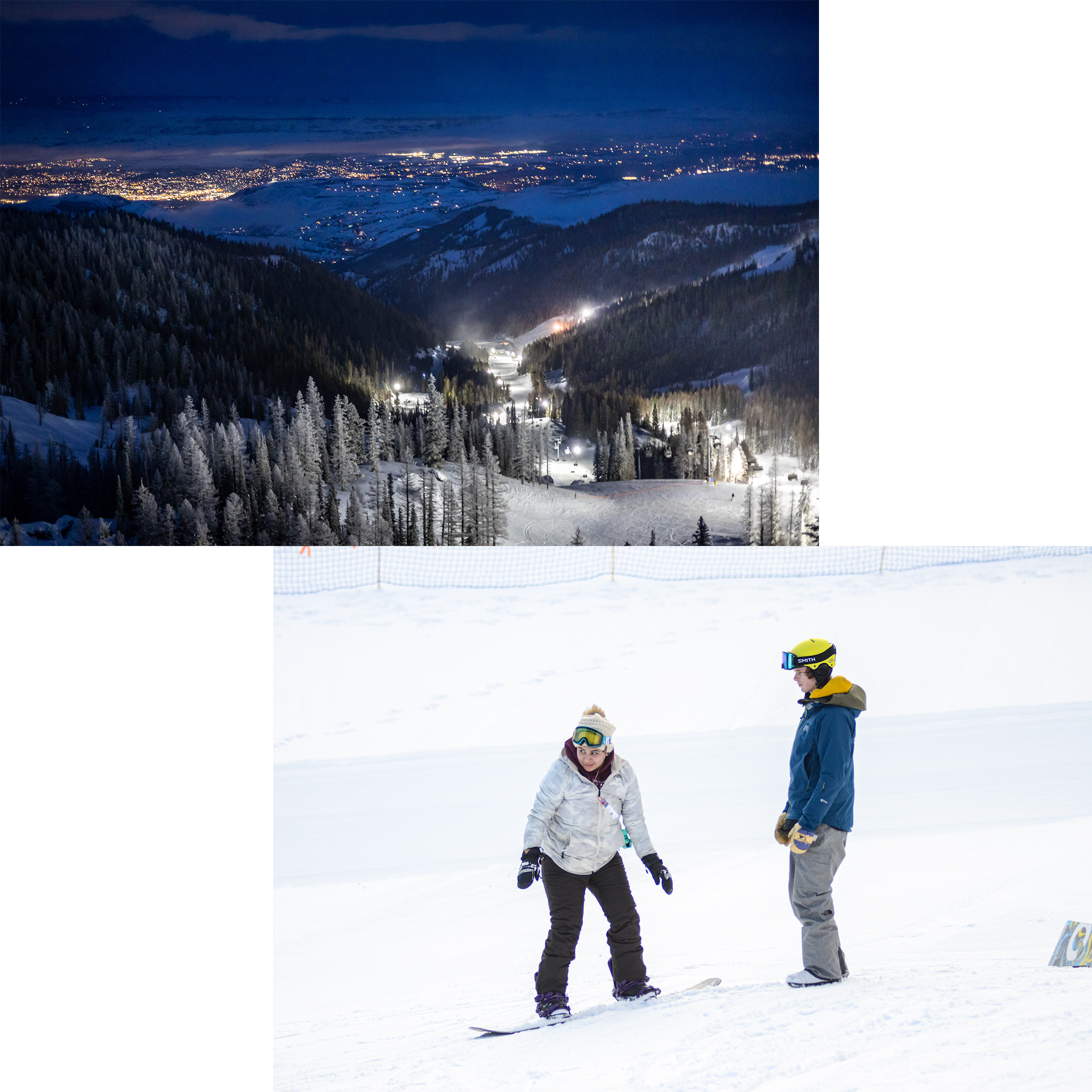 Collage of 2 photos, with the top photo showing a view into the Wenatchee Valley from Mission Ridge at night with the night skiing lights on. The Bottom photo shows a snowboard lesson with an instructor standing next to a student who is riding a snowboard/