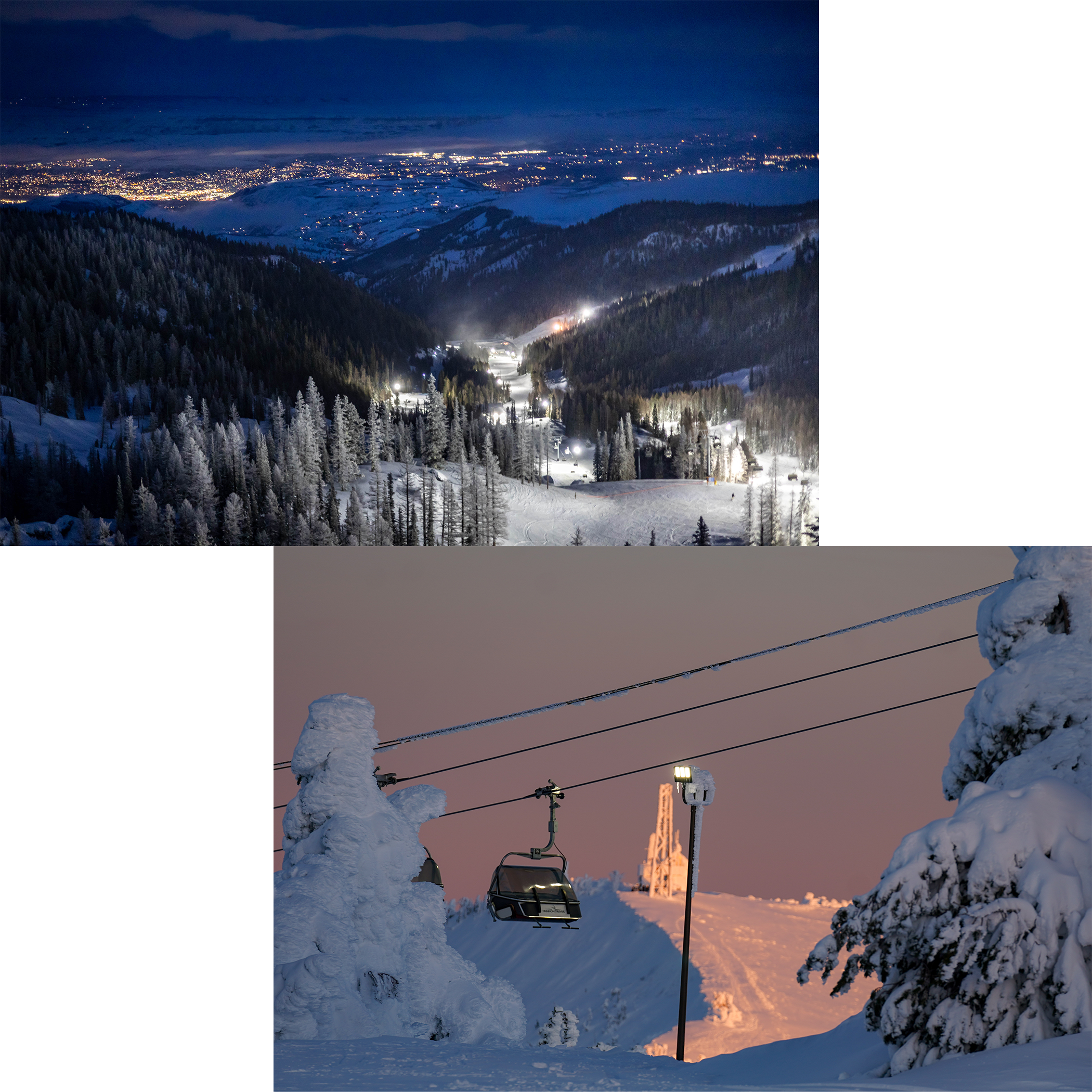 Collage of 2 photos, with the top photo showing a view into the Wenatchee Valley from Mission Ridge at night with the night skiing lights on. The Bottom photo shows Chair 2 at Mission Ridge with the Microwave tower in the background.