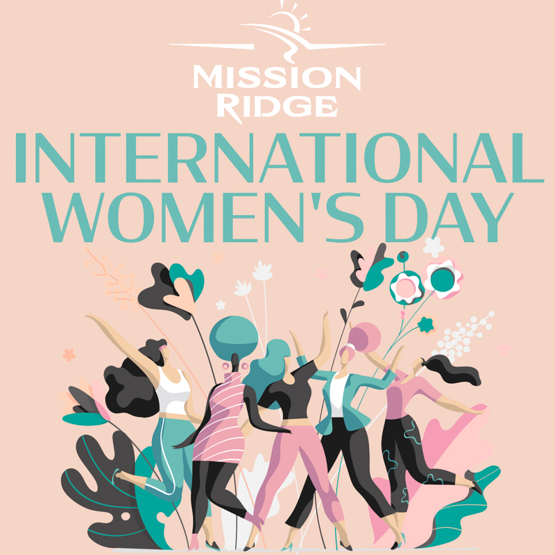 A poster with a light pink background and the text "International Women's Day" and the date March 8th. There Is a cartoon image of a group of women celebrating.