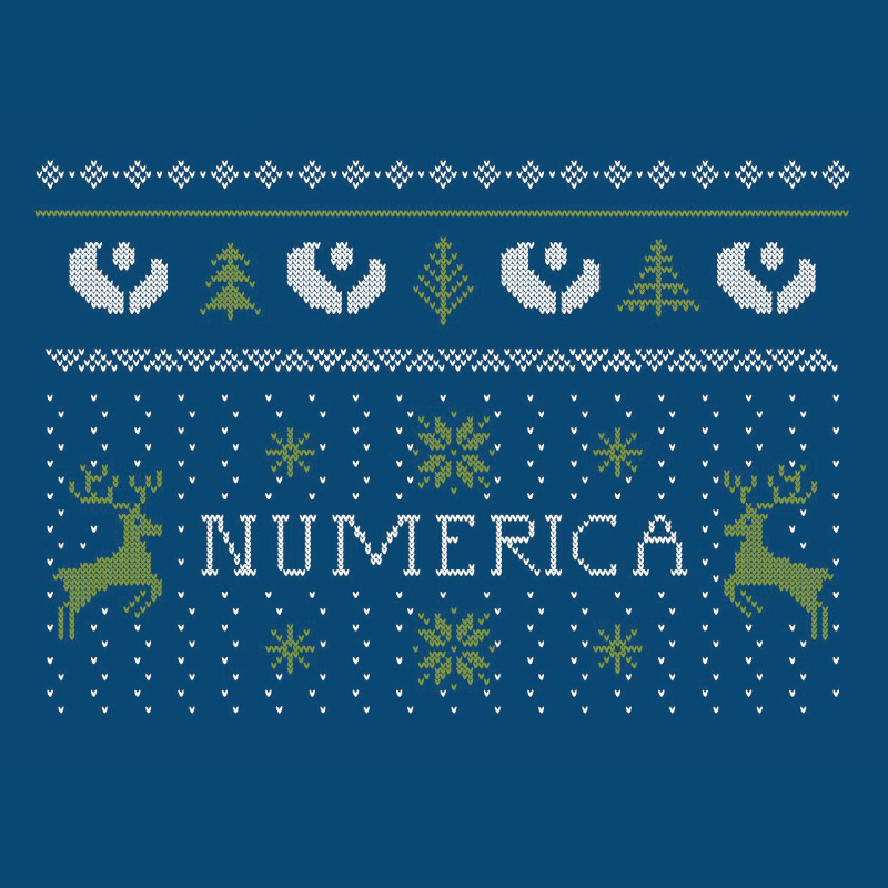 Numerica Christmas sweater design in blue, white and green.