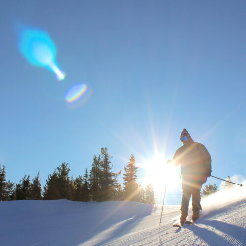 A sun flare eclipses a skier carving a groomed run