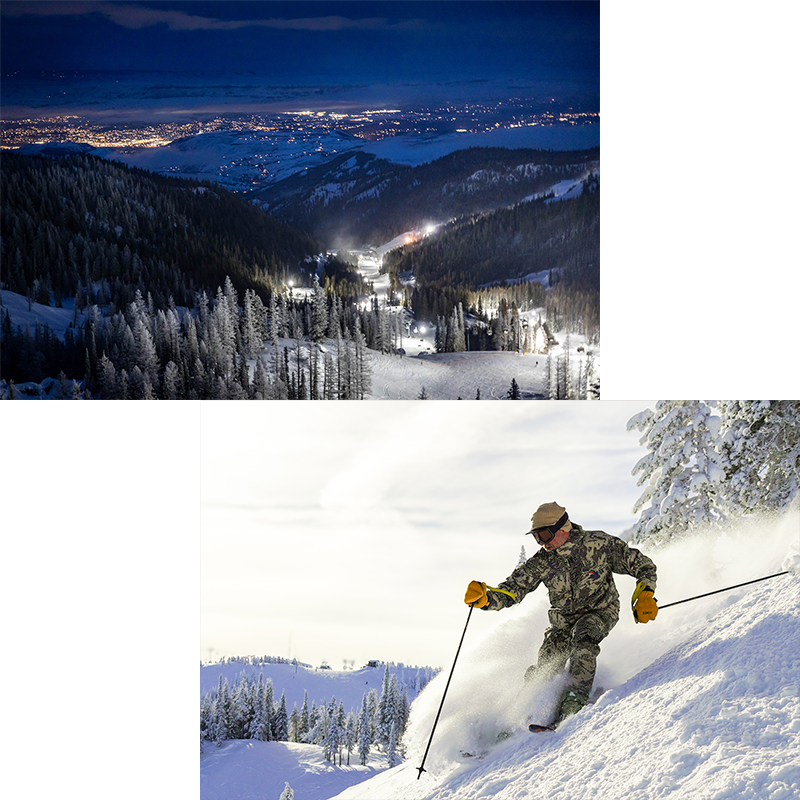 Collage of 2 photos, with the top photo showing a view into the Wenatchee Valley from Mission Ridge at night with the night skiing lights on. The Bottom photo shows a skier descending a line above the Bomber Cliffs at Mission Ridge on a sunny day, with trees and mountains in the background.