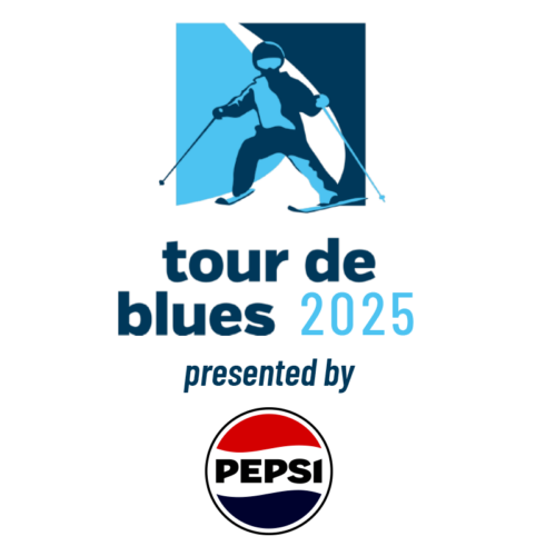 A logo for "Tour de Blues 2025," featuring a stylized skier in motion against a blue geometric background. The event title is displayed in bold, modern typography with "2025" highlighted in a lighter blue. Below, the phrase "presented by" is written in italicized text, followed by the classic Pepsi logo, incorporating its iconic red, white, and blue color scheme.