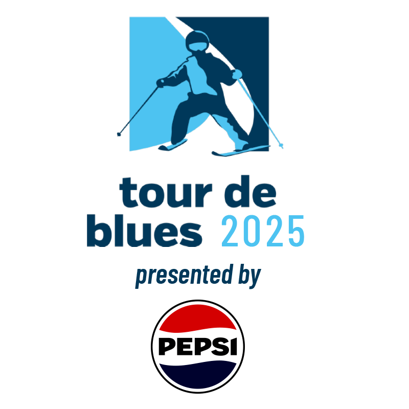 A logo for "Tour de Blues 2025," featuring a stylized skier in motion against a blue geometric background. The event title is displayed in bold, modern typography with "2025" highlighted in a lighter blue. Below, the phrase "presented by" is written in italicized text, followed by the classic Pepsi logo, incorporating its iconic red, white, and blue color scheme.