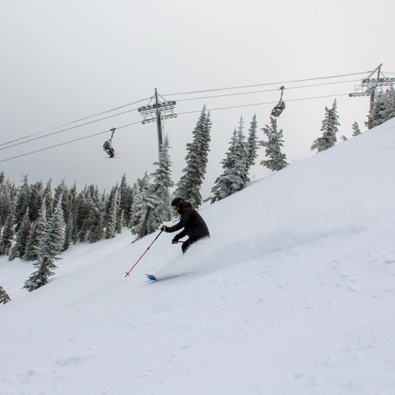 A skier plows pow off piste in front of a chair lift on a gloomy day