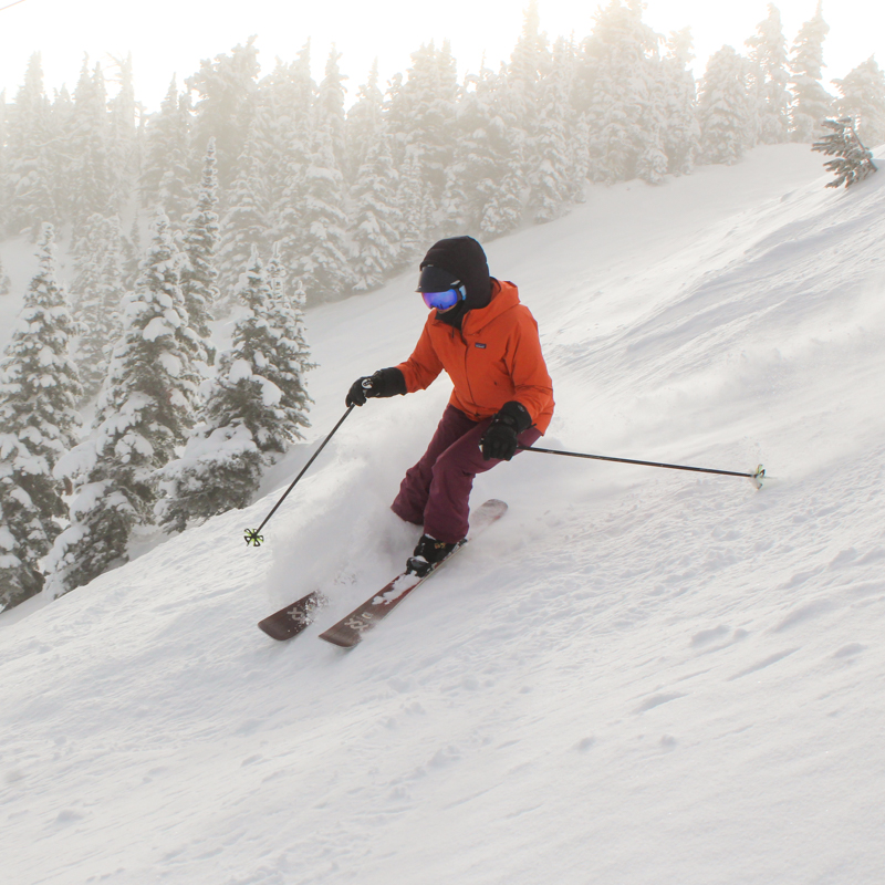 a woman in pink skis through a foggy off-piste area after recent snowfall