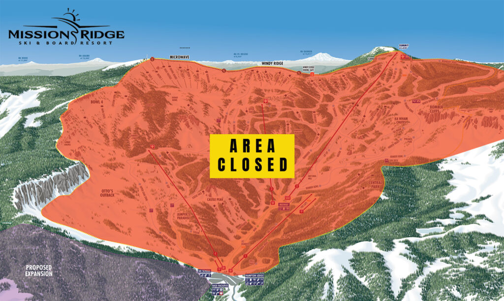 A trail map of Mission Ridge Ski & Board Resort with a large section marked in red, indicating a closed area. A bold yellow sign with black text reading "AREA CLOSED" is prominently displayed in the center. The map includes labeled runs, lifts, and landmarks, with surrounding mountain peaks visible in the background. The closure highlights restricted access to specific terrain for safety or operational reasons.