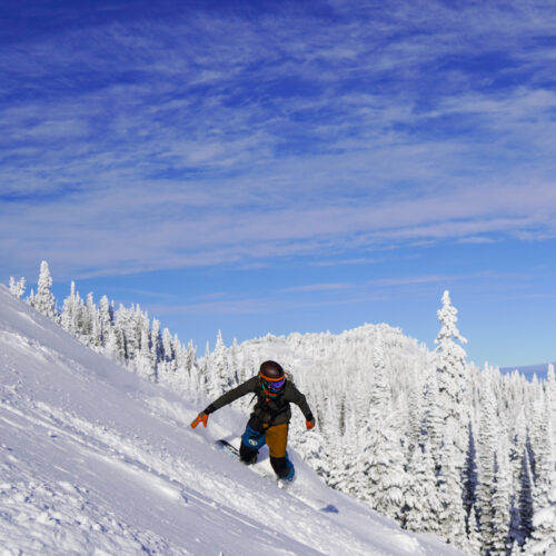 A snowboarder descends the Katsuk trail at Mission Ridge on a sunny day. There is an inch of fresh snow, so he's spraying up some powder.