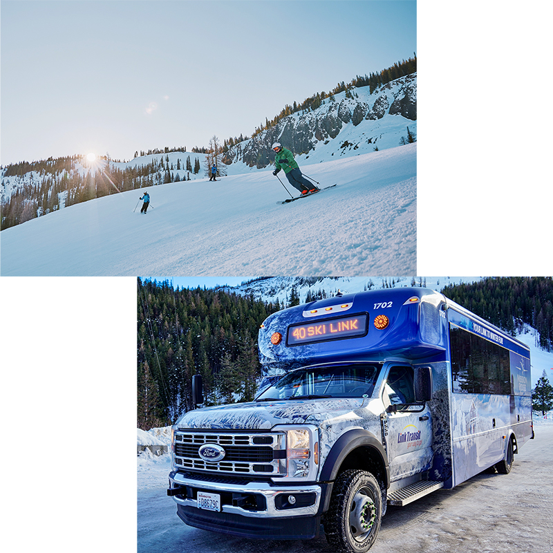 A two image collage, with the left image showing a group of skiers descending the Bomber Trail at Mission Ridge in the late afternoon with the sun hitting the horizon in the background. The ridge image shows the blue Ski Link bus on a snow covered parking lot.