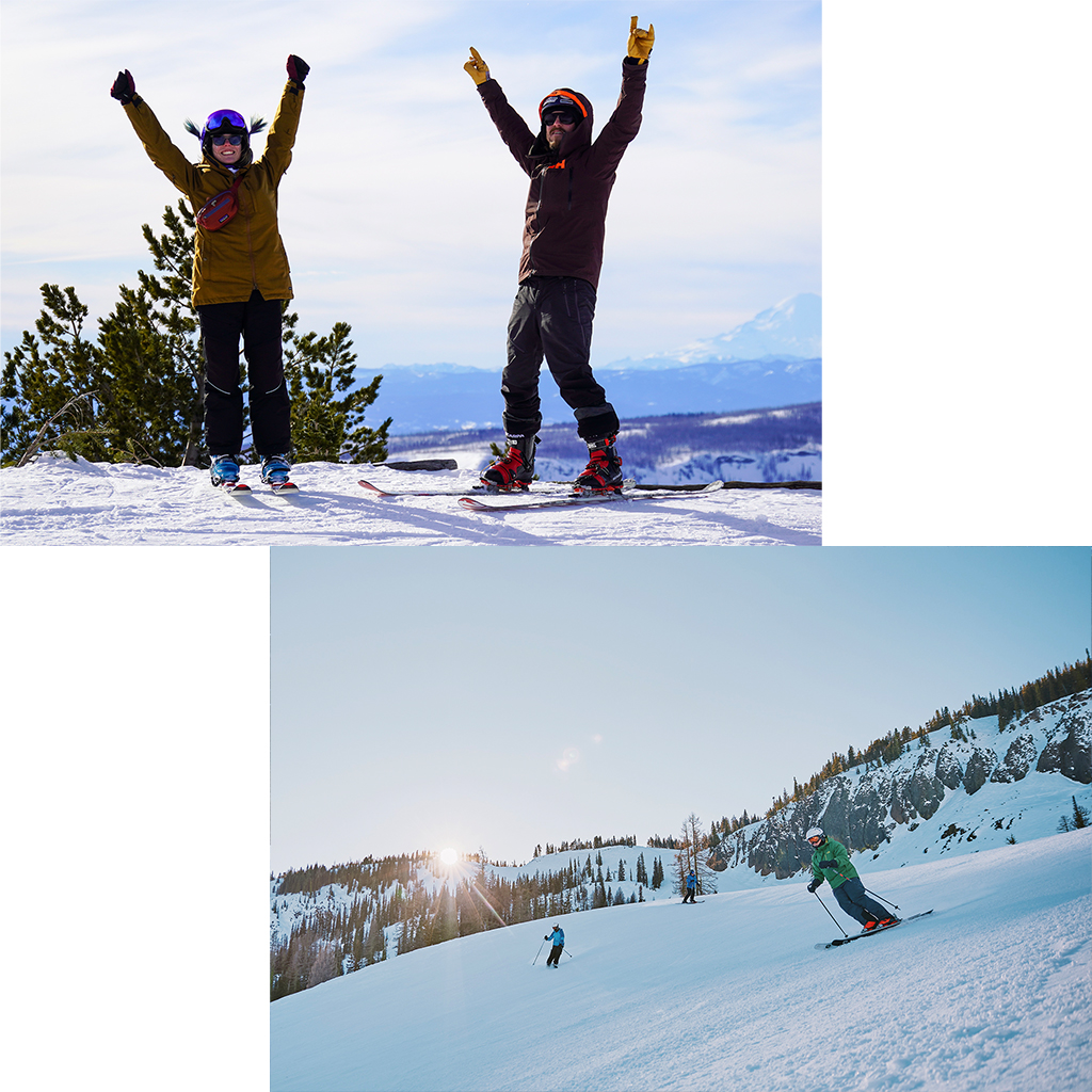 A two image collage, with the right image showing a group of skiers descending the Bomber Trail at Mission Ridge in the late afternoon with the sun hitting the horizon in the background. The left image shows two smiling people with their arms in the air at the summit of Mission Ridge, with a view of Mt. Rainier in the background.